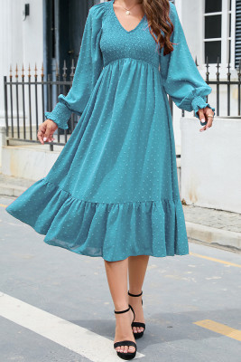 V Neck Smocked Swiss Dot Ruffles Midi Dress