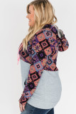 Aztec Print Colorblock 1/4 Zip Kangaroo Pocket Plus Size Hoodie