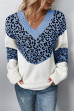 Leopard Splicing V Neck Long Sleeve Knit Sweater