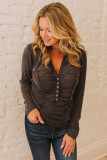 Black V Neck Buttons Ruched Long Sleeve Top