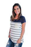 Navy Striped Top with Lace Pocket