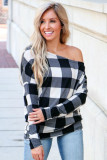 Monochrome Plaid Off Shoulder Textured Long Sleeve Top