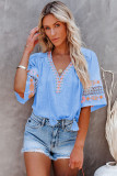 Sky Blue Tassel Drawstring Embroidered Half Sleeve V Neck Top