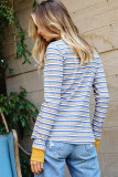 Striped Knit Button Neck Long Sleeve Top