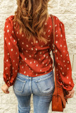 Orange Crisscross Dotted Print Bubble Sleeve Blouse