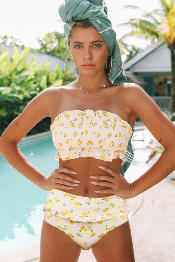 White Floral Print Crop Top Bikini Set