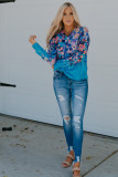 Blue Floral Print V Neck Long Sleeve Top