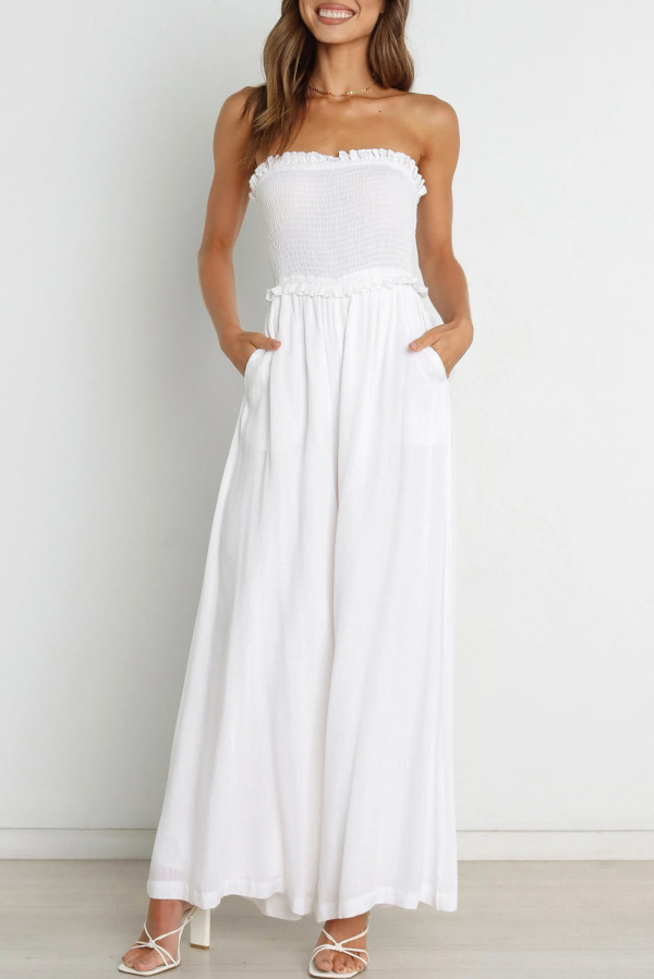 White Smocked Bandeau Wide Leg Jumpsuit