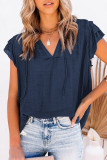 Blue Tiered Ruffled Drawstring V Neck Top