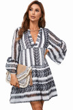 Black Geometric Print Print V neck Ruffle Swing Mini Dress