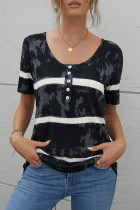 Black Buttoned Tie-dye Short Sleeve Top