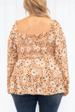 Khaki Square Neck Floral Leopard Smocked Bust Plus Size Blouse
