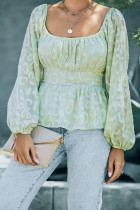 Leopard Textured Square Neck Puffy Sleeve Crop Top