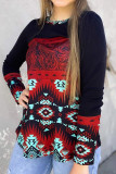 Crew Neck Aztec Print Splicing Long Sleeve Pullover Sweatshirt