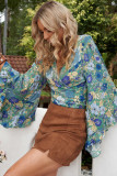 Green Floral Print V Neck Ruffled Bell Sleeve Crop Top