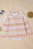 Orange Geometric Print V Neck Long Sleeve Top