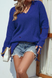 Ripped Raw Edge V Neck Plain Knit Sweaters