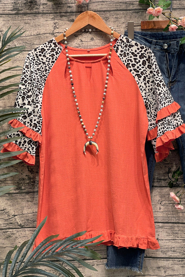 Raw Hem Leoprad Ruffle Sleeves Top