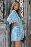 Sky Blue V Neck 3/4 Sleeve Bohemian Vintage Print Mini Dress