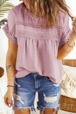Pink Swiss Dot Lace Splicing Short Sleeve Top