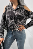 Black White Paisley Print Open Button Cold Shoulder Long Sleeves Shirts