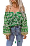 Green Floral Print Tassel Tie Off Shoulder Blouse