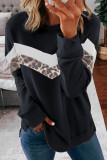 Black Leopard Print Crew Neck Color Block Sweatshirt