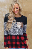 Leopard Plaid Splicing Sequin Pocket Long Sleeve Top
