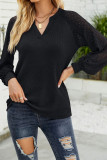 Lace Crochet Sleeves V Neck Waffle Knit Top
