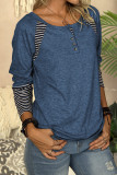 Blue Casual Striped Color-Block Crew Neck Shirt
