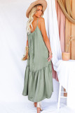 Green Spaghetti Strap Ruffled Satin Maxi Dress