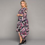 Black Plus Size Crewneck Half Sleeve Floral Midi Dress