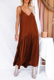 Brown Spaghetti Strap Ruffled Satin Maxi Dress
