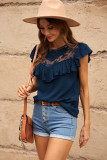 Navy Lace Splicing Ruffled Short Sleeve T-shirt