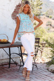 Sky Blue Floral Print Ruffled Crew Neck Sleeveless Top