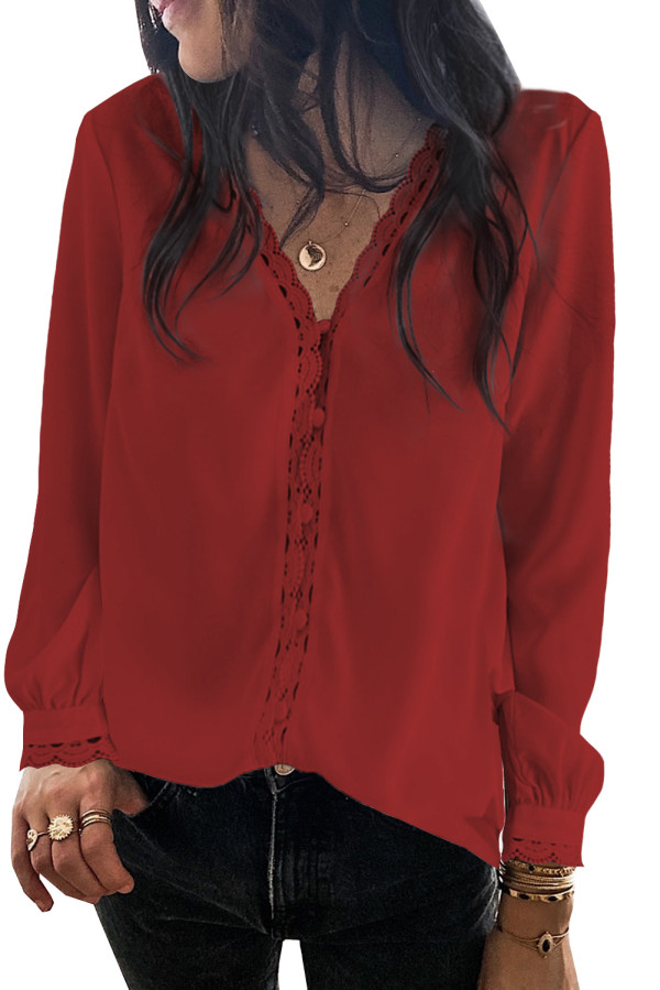 Red Lace Crochet Buttoned Long Sleeve Shirt