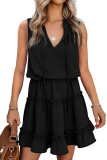 Black Sleeveless V Neck Ruffled Swing Mini Dress