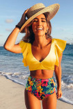 Yellow Floral Ruffled Hem High Waist Bikini Set