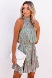 Green Halter Sleeveless Floral Mini Dress