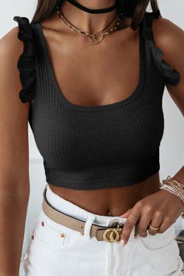 Black Ruffle Strap Ribbed Sleeveless Crop Top