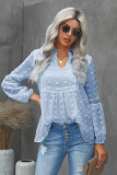 Blue Ruffled Split Neck Lace Hollow Out Puff Sleeve Polka Dot Blouse
