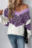 Leopard Splicing V Neck Long Sleeve Knit Sweater