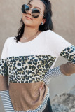 Brown Stripes Leopard Splicing Colorblock Long Sleeve Top