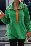 Green Snap Button Side Pockets Fleece Sweatshirts