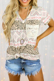 Aztec Leopard Splicing Print Top with Lace Pocket