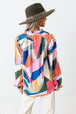 Pink Geometric Patchwork Print Half Buttoned Blouse