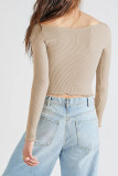 Plain Rib Knit U Neck Frill Long Sleeves Crop Top