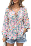 Pink Floral Print Lace-up V Neck Babydoll Top