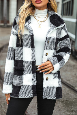 Lapel Button Up Pockets Fluffy Plaid Coat