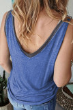 Blue Solid Color Contrast V Neckline Tank Top